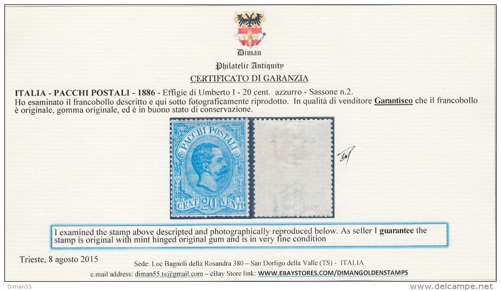 ITALIA - Sassone Pacchi N.2 - Cat. 800 Euro - MH* CERTIFICATO - CENTRATISSIMO - Postal Parcels