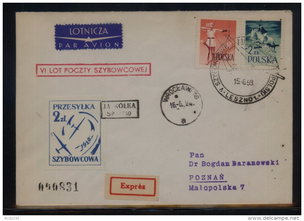 POLAND 1959 6TH GLIDING FLIGHT JASKOLKA GLIDER WROCLAW TO LESZNO CINDERELLA STAMP RED CACHET BLACK GLIDER COVER - Alianti