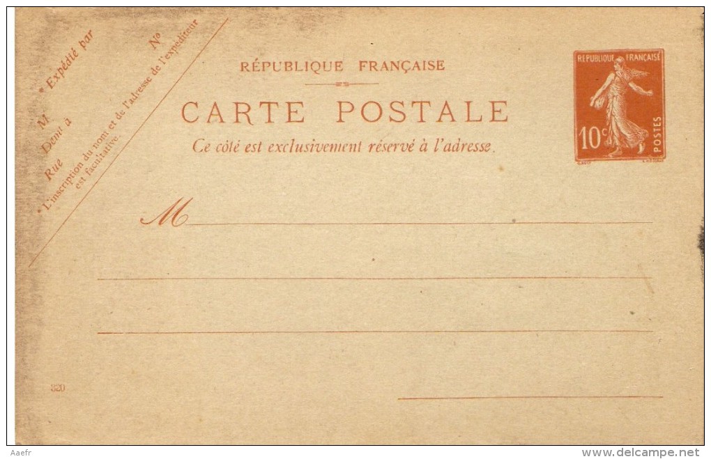 France - Entier Ate - Semeuse Camée 10 Centimes - Date 320 - Cartes Postales Types Et TSC (avant 1995)