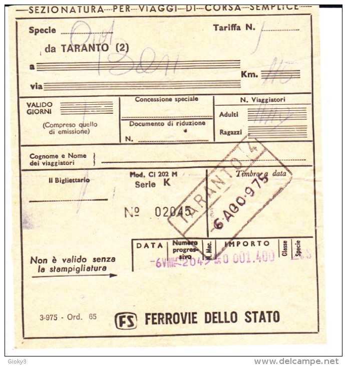 *Biglietto Ferrovie Dello Stato Da Taranto A Bari 1975 - Europe