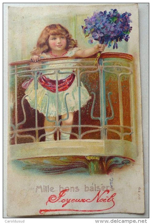 CPA Litho Relief  Illustrateur CLAPSADDLE ? Enfant Fille Balcon Bouquet Violette VOEUX Mille Baisers - Before 1900