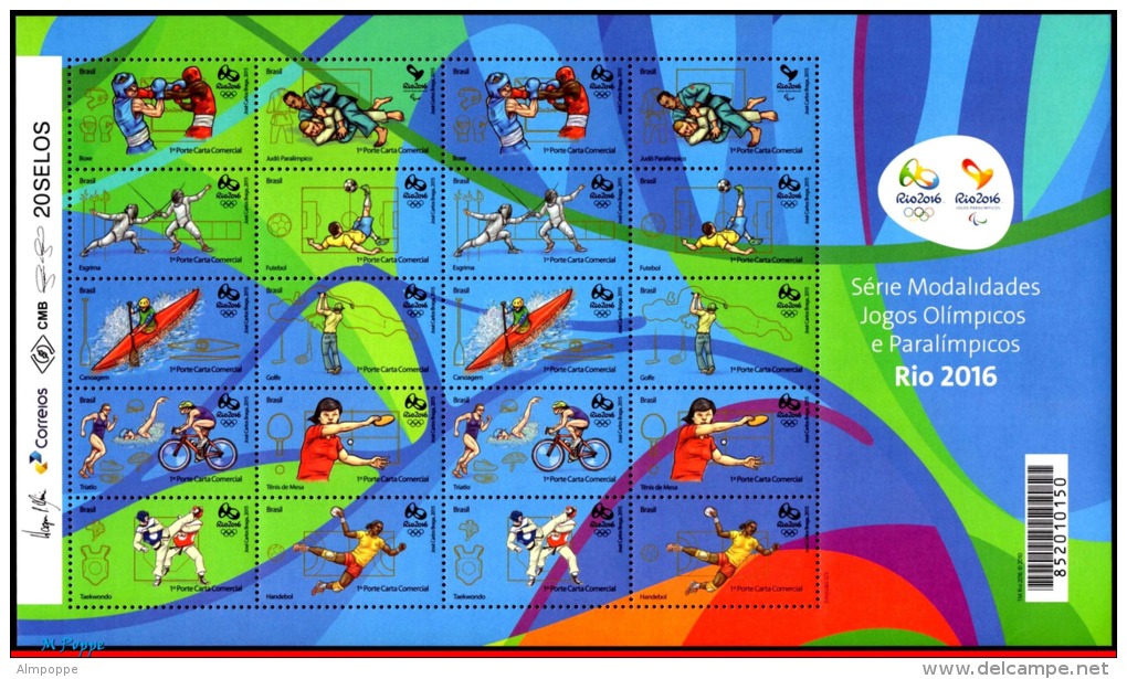 Ref. BR-V2015-16FO BRAZIL 2015 - SPORTS, OLYMPIC AND PARALYMPIC GAMES, RIO 2016, 2ND SERIES SHEET MNH 20V - Sommer 2016: Rio De Janeiro