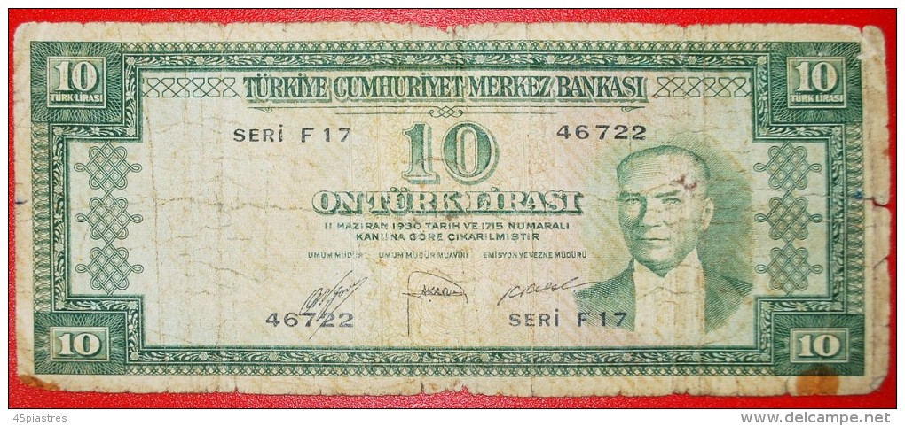 · GREEN-GREEN: TURKEY ★10 LIRA (1951) UNCOMMON! LOW START&#9733;NO RESERVE! - Turquie