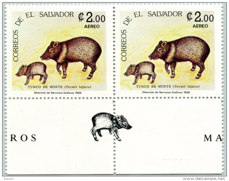 N° Yvert 619 - 2 Timbres Du Salvador  (Poste Aérienne) (1986) - MNH - Pecari Tajacu + Vignette (JS) - El Salvador