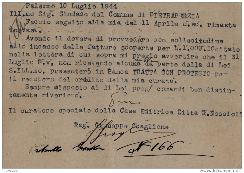 T57- Occupazione Anglo-Americana-  10/7/1944 Da Palermo A Pietraperzia Con Cent .30. Leggi ... - Occ. Anglo-américaine: Sicile