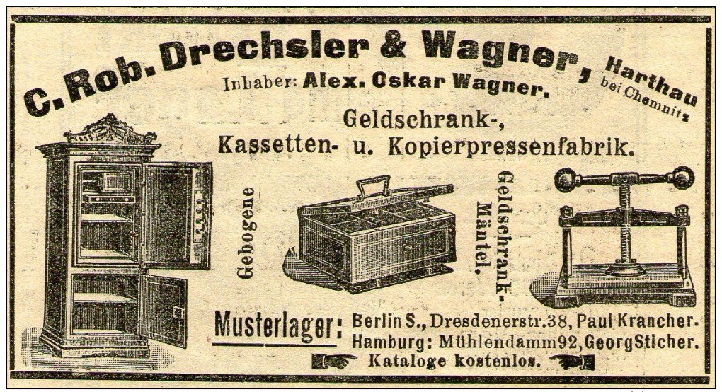 Original-Werbung/ Anzeige 1910 - GELDSCHRANK-FABRIK / DRECHSLER & WAGNER - HARTHAU BEI CHEMNITZ - Ca. 90 X 50 Mm - Werbung