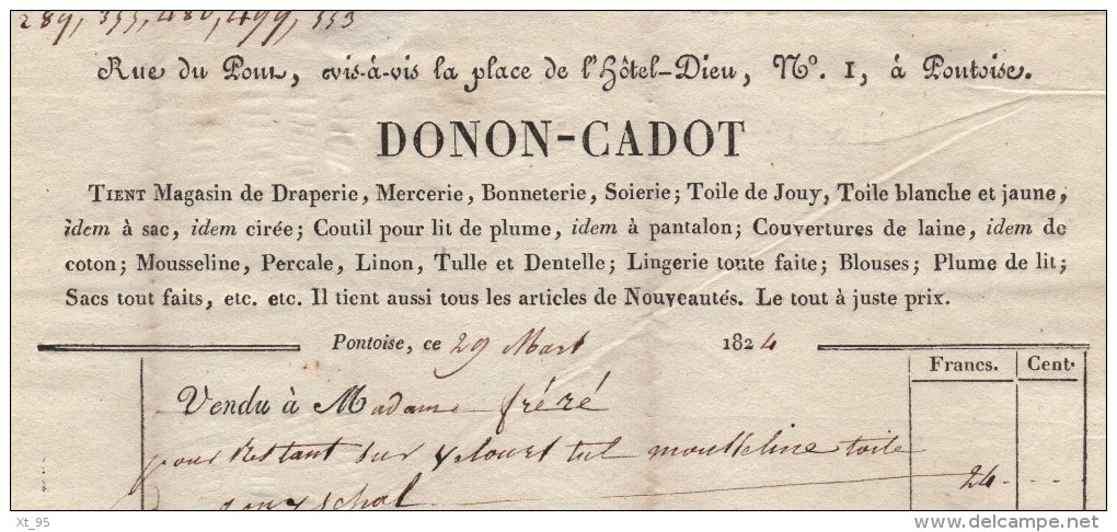 Pontoise (en Rouge) - 72 Seine Et Oise - Facture Donon Cadot - Draperie Mercerie Soierie - 1824 - 1801-1848: Precursors XIX