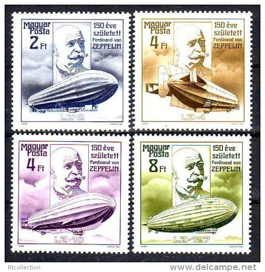 Magyar Posta Hungary 1988 150th Birth Anniv Ferdinard Zeppelin Zeppelins Transport Stamps MNH Sc 3107-10 Michel 3942-45 - Unused Stamps