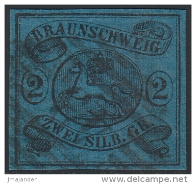 Brunswick 1853 Coat Of Arms 2 Sgr. Mi 7 Black On Blue (o) - Brunswick