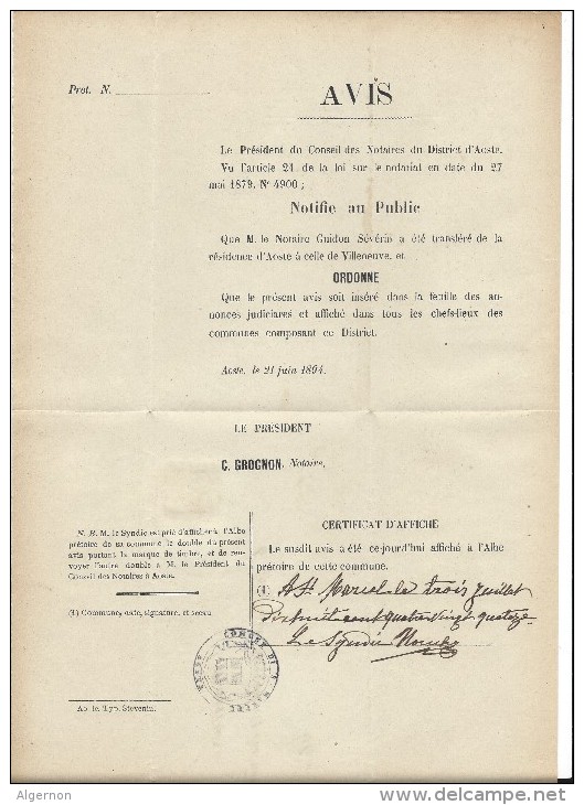 12758 - Lettre Avis De Nus Pour Aoste 04.07.1894 Comune De St. Marcel - Autres & Non Classés