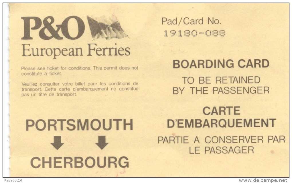 Carte D'embarquement / Boarding Pass - P&amp;O European Ferries - Portsmouth - Cherbourg - Europe