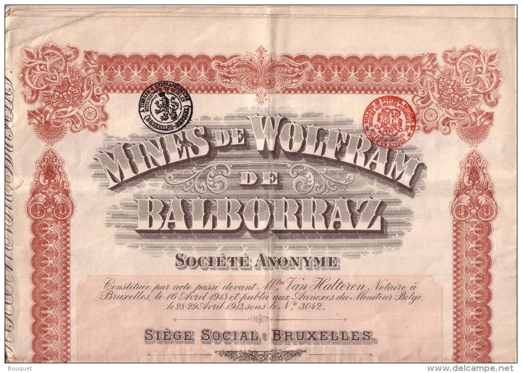 ACTIONS - BELGIQUE - BRUXELLES - MINES DE WOLFRAM DE BALBORRAZ , ESPAGNE - ACTION ORDINAIRE - 30  COUPONS - 1913 - Mineral