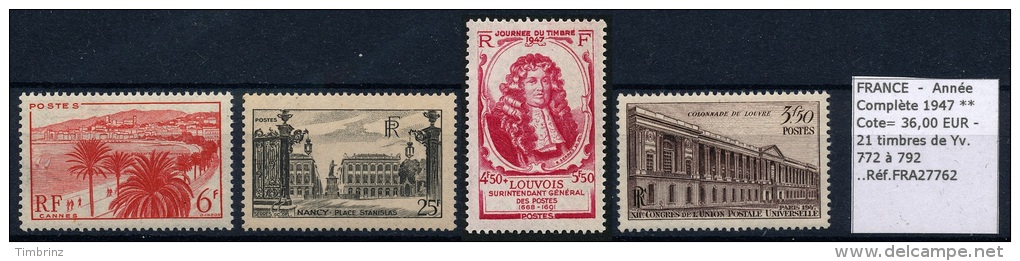 FRANCE  -  Année Complète 1947 ** MNH TB  Cote= 36,00 EUR - 21 Timbres De Yv. 772 à 792 ..Réf.FRA27762 - 1940-1949