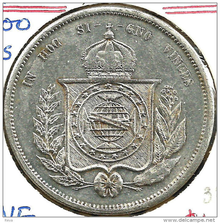 BRAZIL 2000 REIS PEDRO II INSCRIPTIONS FRONT EMBLEM BACK 1865 VF AG SILVER KM466 READ DESCRIPTION CAREFULLY!! - Brazil