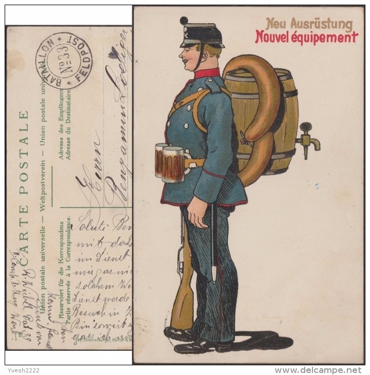 Suisse 1911. Carte De Franchise Militaire. Le Soldat Helvète : Fût De Bière Sur Le Dos, Chopes En Ceinturon, Saucisses - Beers