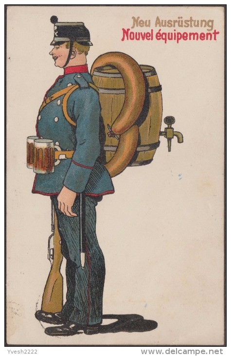 Suisse 1911. Carte De Franchise Militaire. Le Soldat Helvète : Fût De Bière Sur Le Dos, Chopes En Ceinturon, Saucisses - Beers