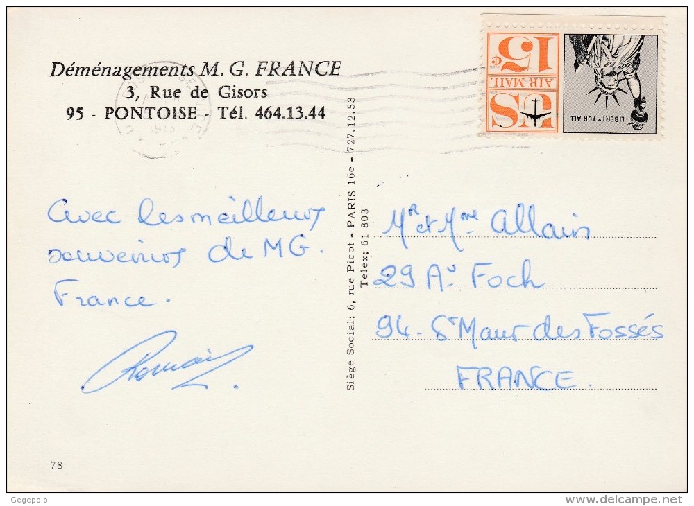 PONTOISE - Déménagements M.G.FRANCE ( Carte Postée Des U.S.A. à Destination De La France ) Rare - Pontoise