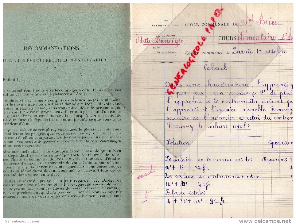 87- ST BRICE -SAINT BRICE - 19- EYBOULET USSEL- CAHIER ECOLE ODETTE DUNEIGRE COURS ELEMENTAIRE - ANNEES 1940 - Andere & Zonder Classificatie