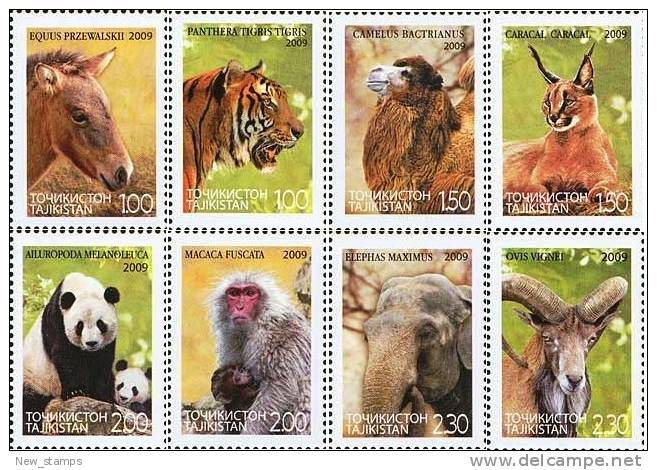 Tajikistan 2009 Fauna Of Asia Horse Elephant Camel Panda Tiger 8v MNH - Tajikistan