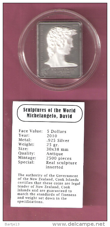 PALAU 5 DOLLAR 2010 RECTANGLE SILVER COIN ANTIQUE FINISH WITH REAL SCULPTURE MICHELANGELO'S DAVID LOW MINTAGE - Palau