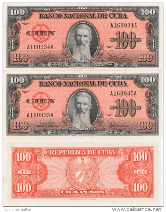 1959  LOT OF 2 BILLS # SEQUENCE. 100  PESOS  BANCO NACIONAL UNCIRCULATED - Cuba