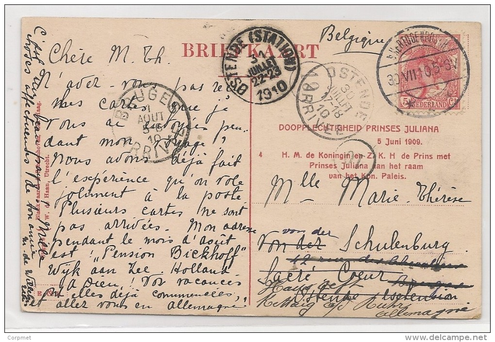 NEDERLAND - 1910 POSTCARD - DOOPPLECHTIGHEID PRINSES JULIANA-from 's-Hertogenbosch To Bruges -fwd To Ostende & Allemagne - Brieven En Documenten