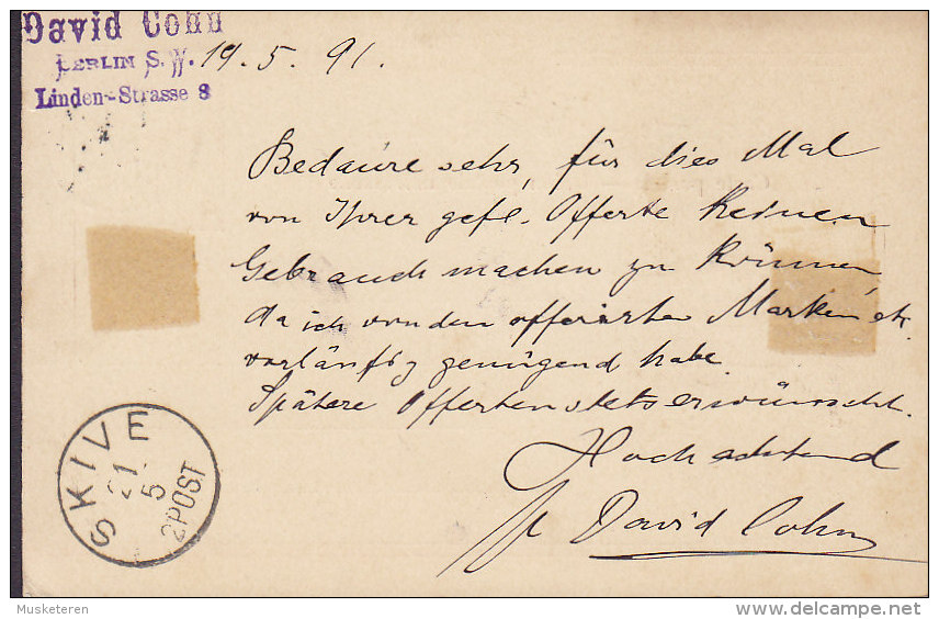 Germany Reichspost Postal Stationery Ganzsache DAVID COHU Linden-Strasse BERLIN 1891 SKIVE Denmark (Arr.) (2 Scans) - Briefkaarten
