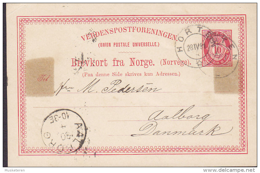 Norway UPU Reichspost Postal Stationery Ganzsache 10 Øre Posthorn HORTEN 1891 AALBORG Denmark (Arr.) (2 Scans) - Postal Stationery