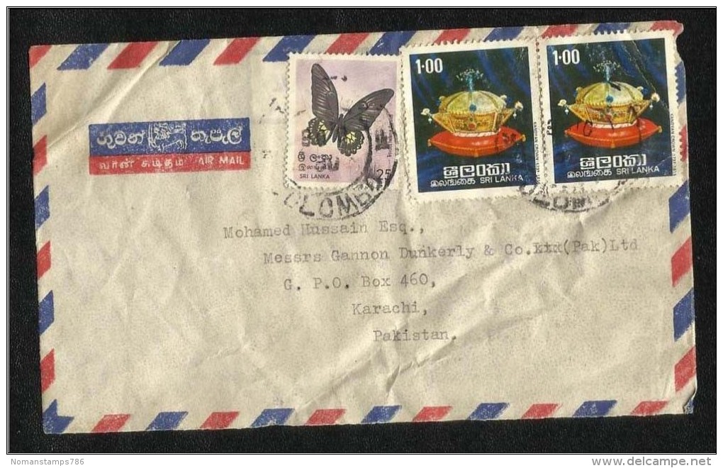 Sri Lanka Ceylon  Air Mail Postal Used Cover  Sri Lanka To Pakistan Crowns Butterfly Stam - Sri Lanka (Ceylan) (1948-...)
