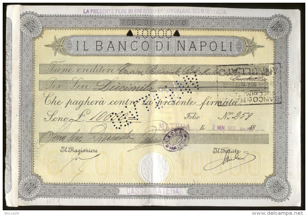 2  FEDI DI CREDITO  DEL 1937 - BANCO DI NAPOLI - FILIALE DI MATERA - D - F