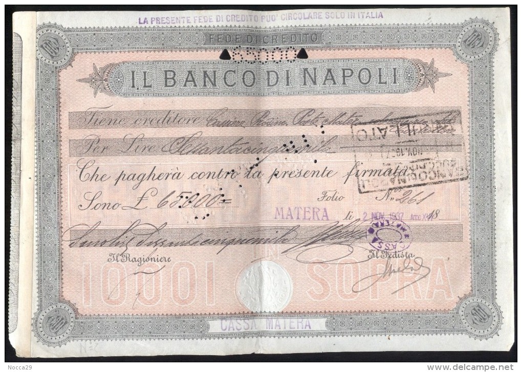 2  FEDI DI CREDITO  DEL 1937 - BANCO DI NAPOLI - FILIALE DI MATERA - D - F