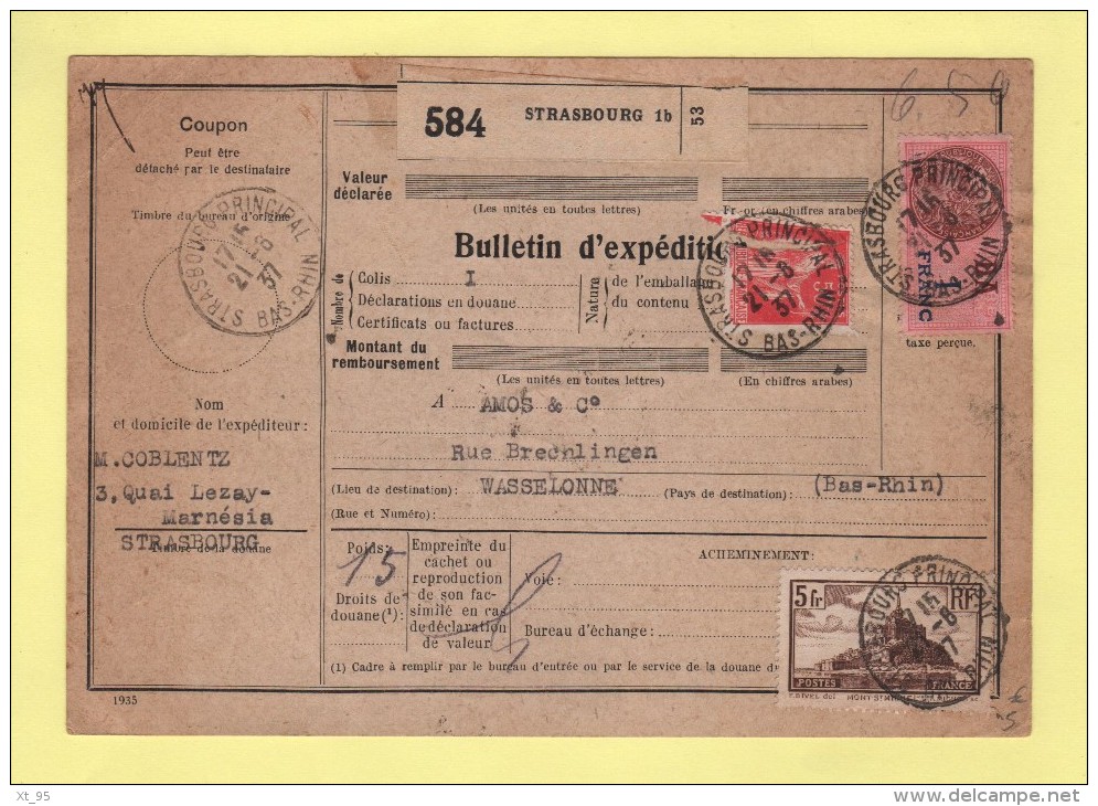Bulletin D Expedition Colis - Alsace Lorraine - Strasbourg Principal - Bas Rhin - 21-6-1937 - 1921-1960: Période Moderne