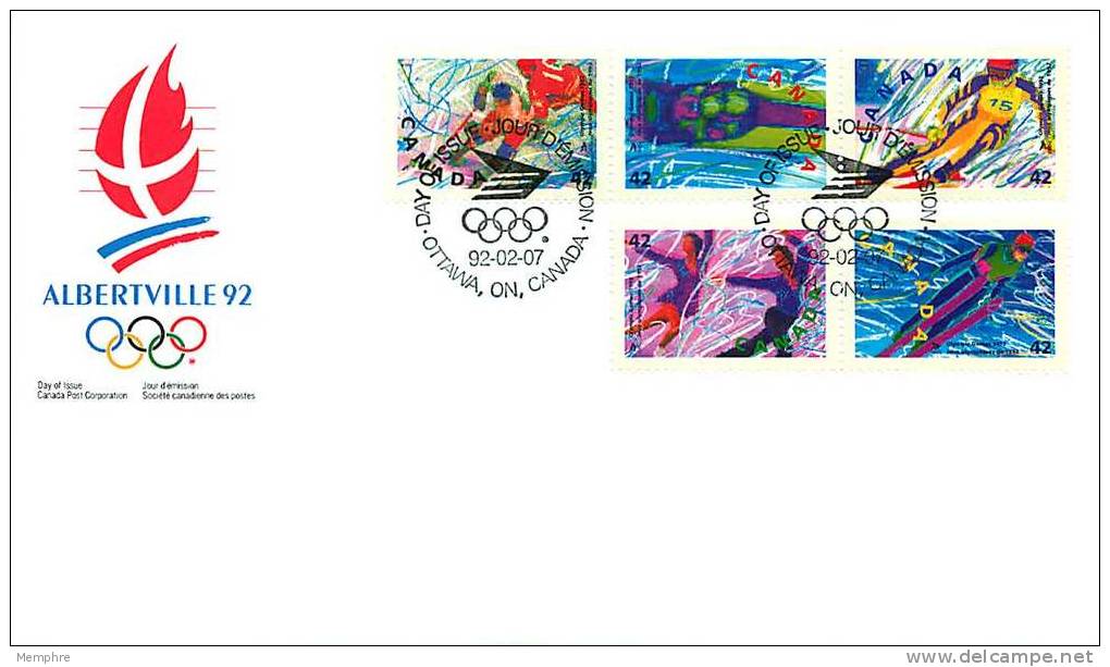 1992   Winter Olympics  Ski Jump, Figure Skating, Hockey, Bobsleigh, Skiing   Sc 1399-1403  Strip Of 5 From Booklet - 1991-2000