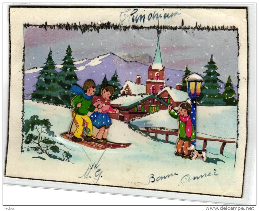 DECOR D'HIVER,PERSONNAGES EN RELIEF FAISANT DU SKI ,SYSTEME PLIAGE,A VOIR ;COULEUR  ILLUSTREE  REF 44640 - Mechanical