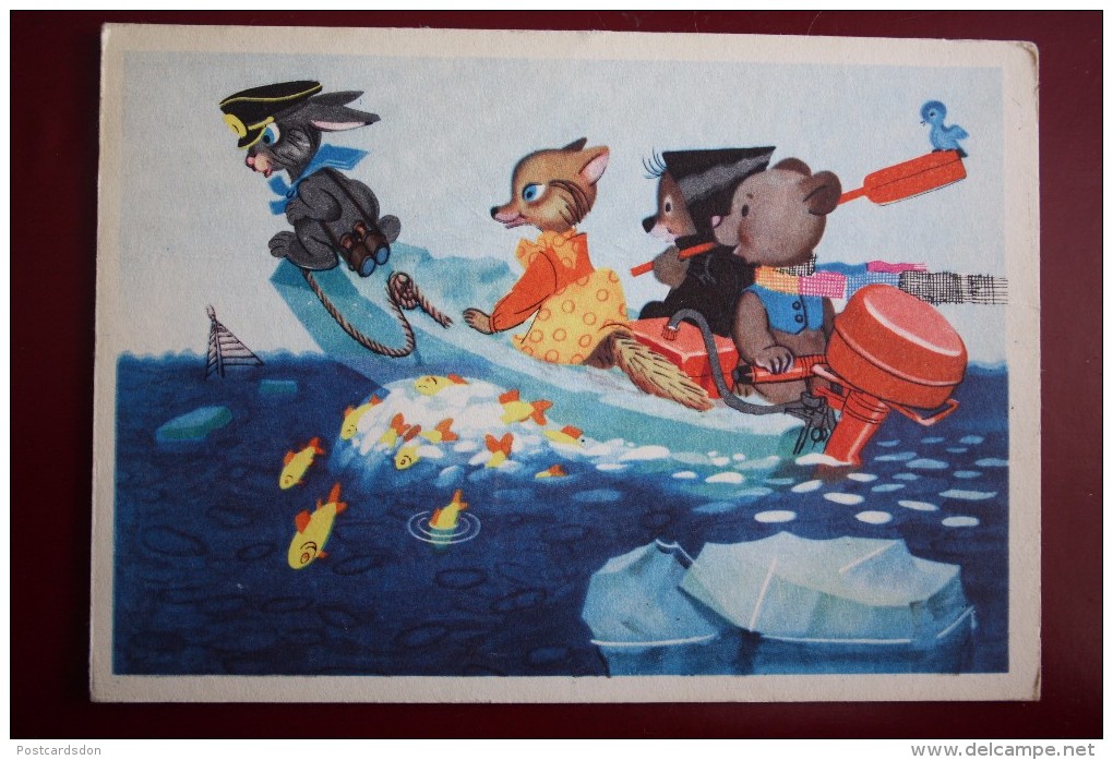 USSR.  Bear Riding Boat With Friends.  Byalkovskaya 1968 - Ours