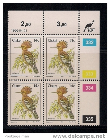 CISKEI, 1986, MNH Control Block Stamps, Definitive 14 Cent Bird,  M 97 - Ciskei