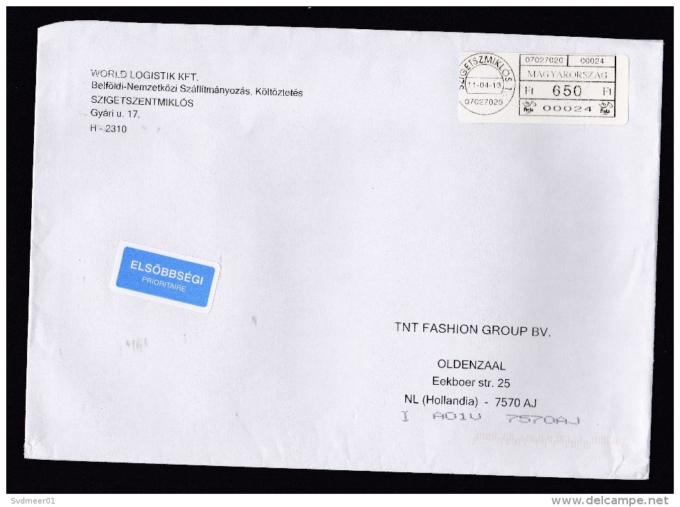 Hungary: Cover To Netherlands, 2013, ATM Machine Label, Priority Label (traces Of Use) - Lettere