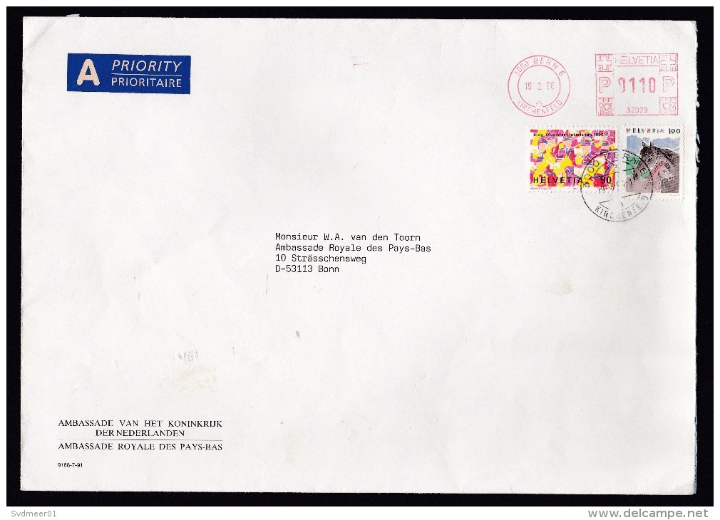 Switzerland: Cover To Germany, 1996, Mix Of 2 Stamps And Meter Cancel, To & From Dutch Embassy (traces Of Use) - Brieven En Documenten