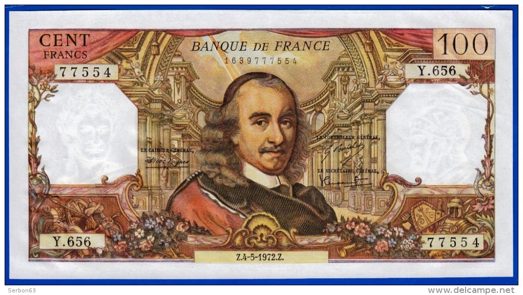 100 FRANCS CORNEILLE NEUF 2 TROUS TYPE 1964 BILLET DE LA BANQUE DE FRANCE N° 77554 Y. 656 Z.4/5/1972 Z. - 100 F 1964-1979 ''Corneille''