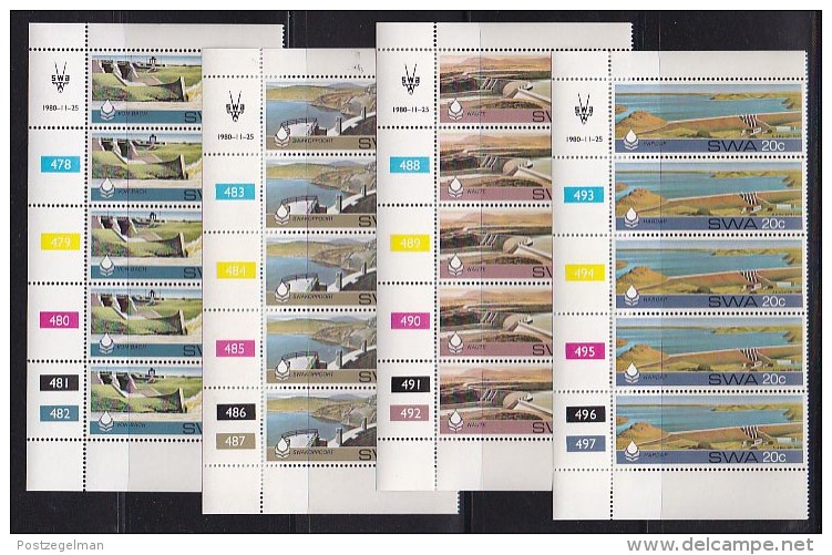 SOUTH WEST AFRICA, 1980, MNH Control Strips, Dams, M 496-499 - South West Africa (1923-1990)