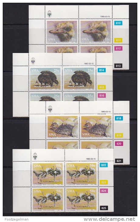 SOUTH WEST AFRICA, 1985, MNH Control Blocks, Birds (Ostrich), M 566-569 - South West Africa (1923-1990)