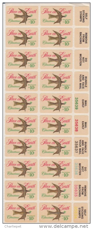 Complete Plate Strip Of 20 Scott # 1552a 10¢ Christmas Issue Peace On Earth"MNH Catalogue $4.50 - Numéros De Planches