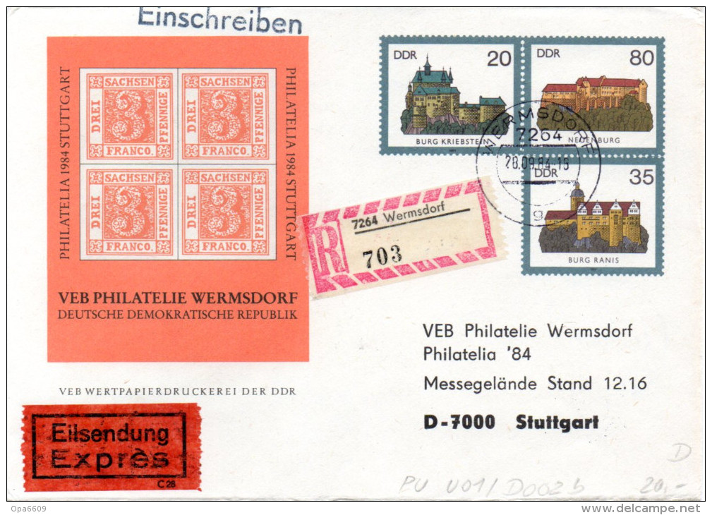 (L) DDR Privatganzs.-Umschlag  PU U01/002-b "Burgen Und Schlösser M. ZD Zur Philatelia" TSt 28.9.84 WERMSDORF - Enveloppes Privées - Oblitérées