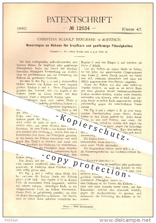 Original Patent - Christian Rudolf Bergreen In Roitzsch , 1880 , Wasserhahn , Hahn , Hähne , Sandersdorf-Brehna - Wolfen