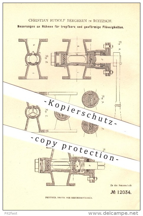 Original Patent - Christian Rudolf Bergreen In Roitzsch , 1880 , Wasserhahn , Hahn , Hähne , Sandersdorf-Brehna - Wolfen