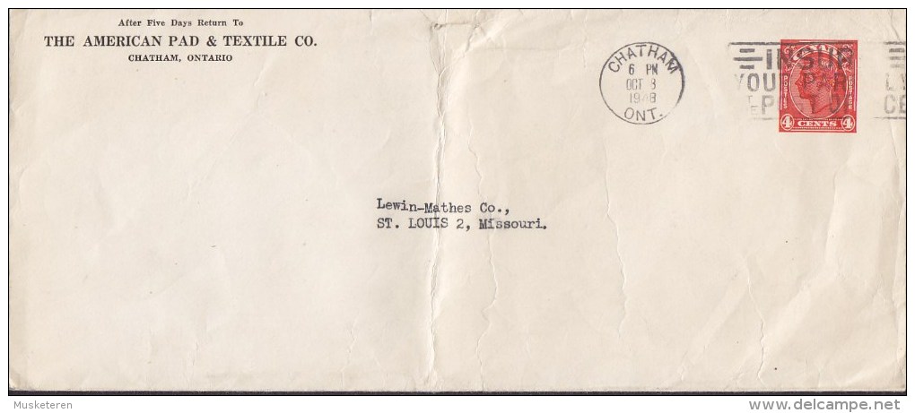 Canada Postal Stationery Ganzsache Entier 4c. GVI PRIVATE Print AMERICAN PAD & TEXTILE Co. CHATHAM 1948 To USA - 1903-1954 Kings