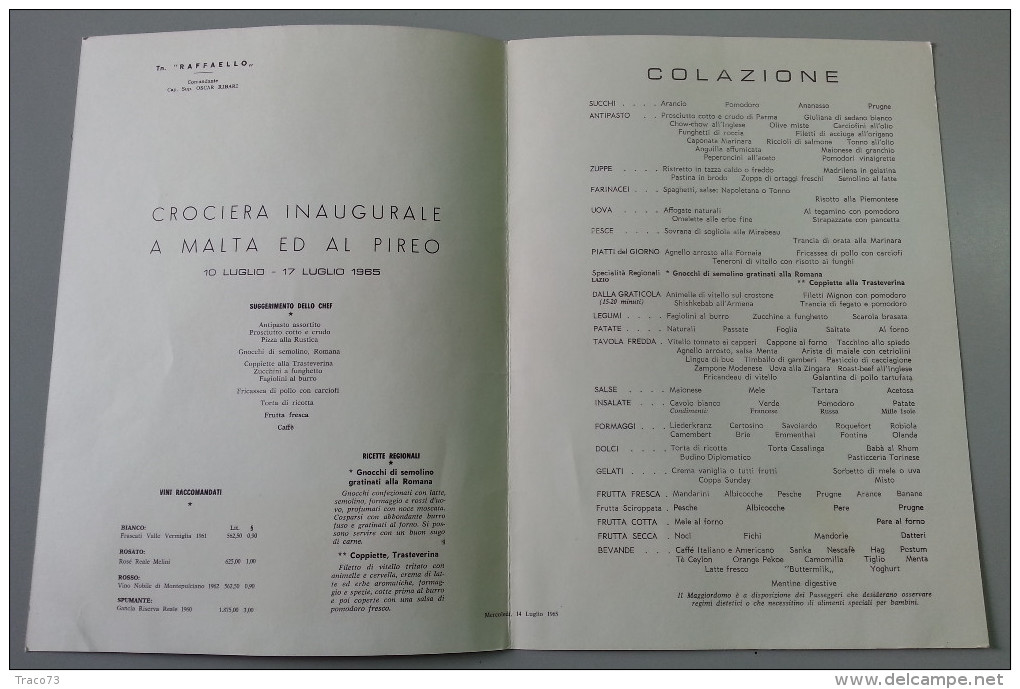 RAFFAELLO  T/ N  _ CROCIERA INAGURALE A MALTA ED AL PIREO - 10 Luglio - 17 Luglio 1965 - Menükarten