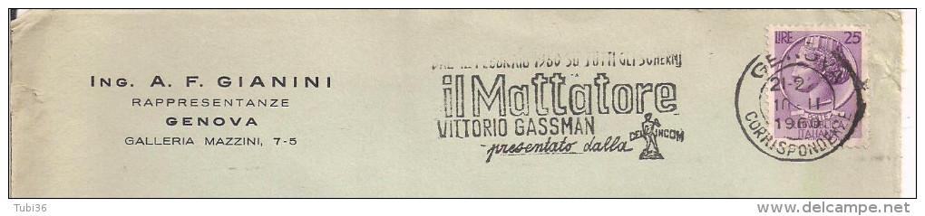 IL MATTATORE,VITTORIO GASSMAN,1960,TIMBRO POSTE GENOVA TARGHETTA,SESTRI PONENTE - 1946-60: Poststempel