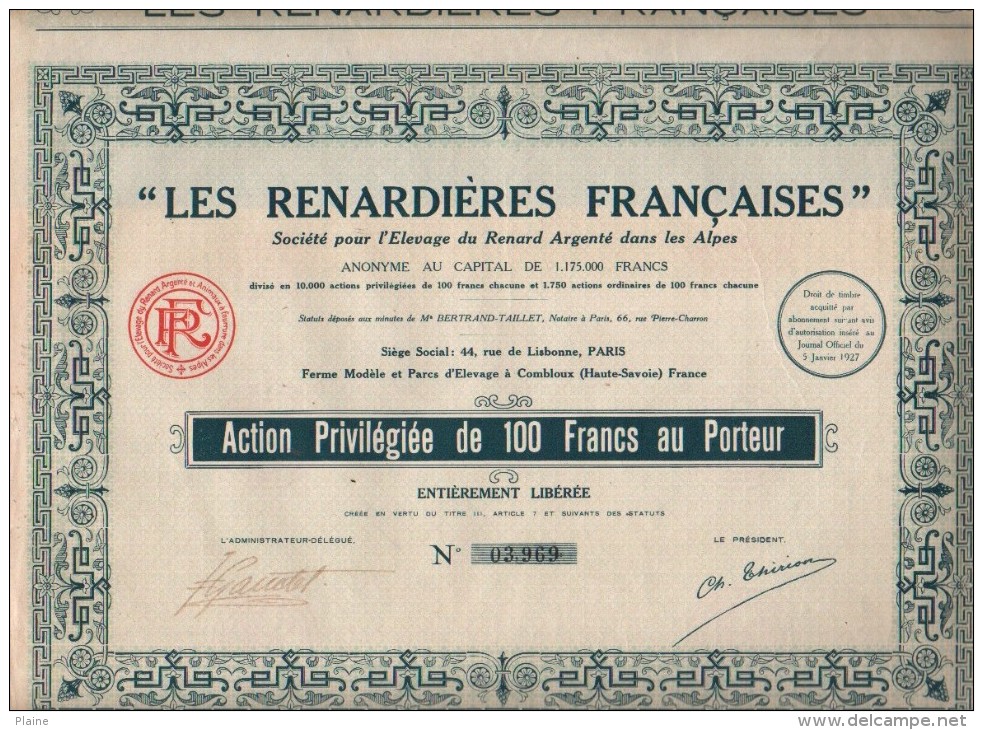 ACTIONS -LES RENARDIERES FRANCAISES- Societe Pour L'elevage Du Renard Argenté Dans Les Alpes(AVEC COUPONS) - P - R