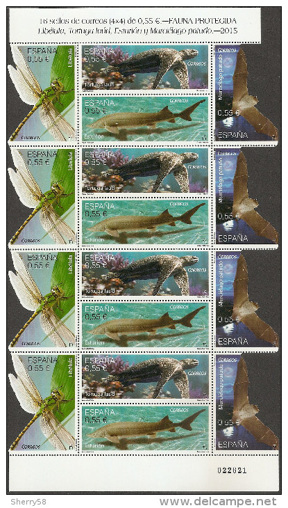 2015-ED. 4982 A 84 EN MINIPLIEGO- FAUNA PROTEGIDA - Libélula, Tortuga Laúd, Esturión Y Murciélago Patudo  -NUEVO - Full Sheets